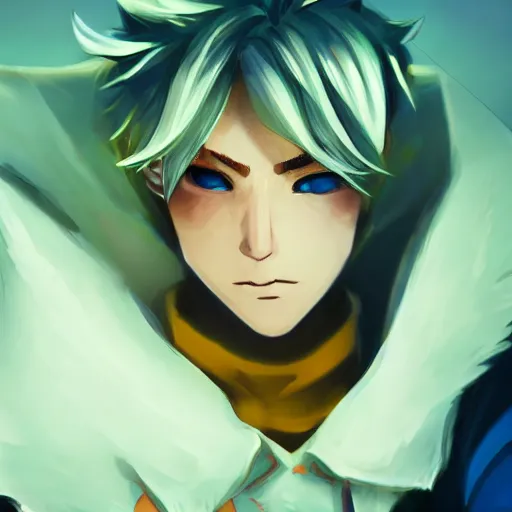 Prompt: league of legends character style of teenager boy, blonde hair, blue eyes, close up, cinematic light, dark room, detailed, photo, 8K