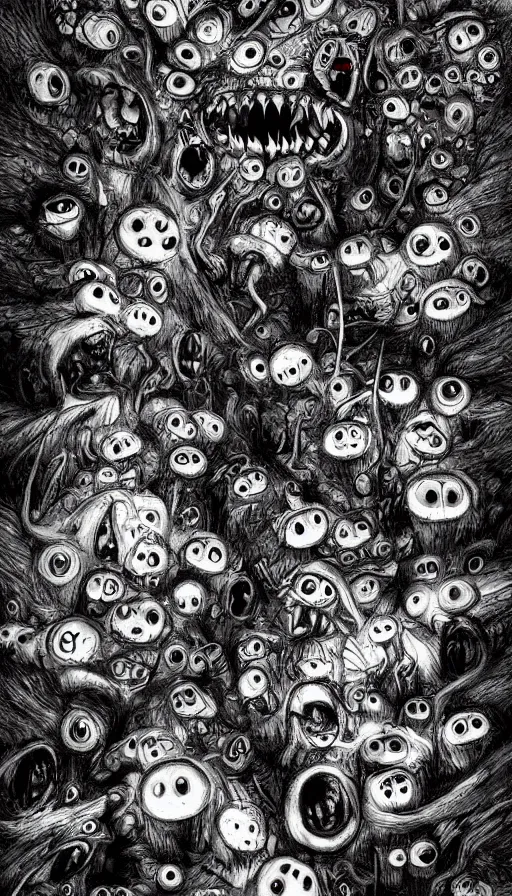 Image similar to a storm vortex made of many demonic eyes and teeth over a forest, by yoshitaka amano,