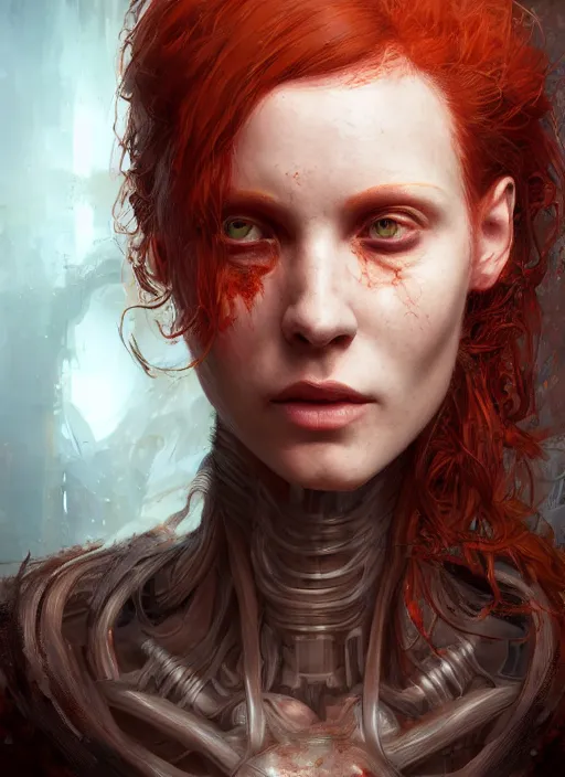 Prompt: biopunk lovecraft portrait of redhead, au naturel, hyper detailed, digital art, trending in artstation, cinematic lighting, studio quality, smooth render, unreal engine 5 rendered, octane rendered, art style by klimt and nixeu and ian sprigger and wlop and krenz cushart.