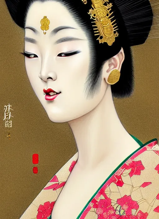 Prompt: glamorous and sexy Geisha portrait in an ancient japanese temple, beautiful pale makeup, pearlescent skin, seductive eyes and face, elegant, lacivious pose, very detailed face, highly detailed kimono, ancient japanese temple on the background, photorealism, portrait by Magali Villeneuve and Steve Argyle,Livia Prima,Mucha,dress,fantasy art,beautiful,artstation,trending on artstation,intricate details,alluring,masterpiece, lino print