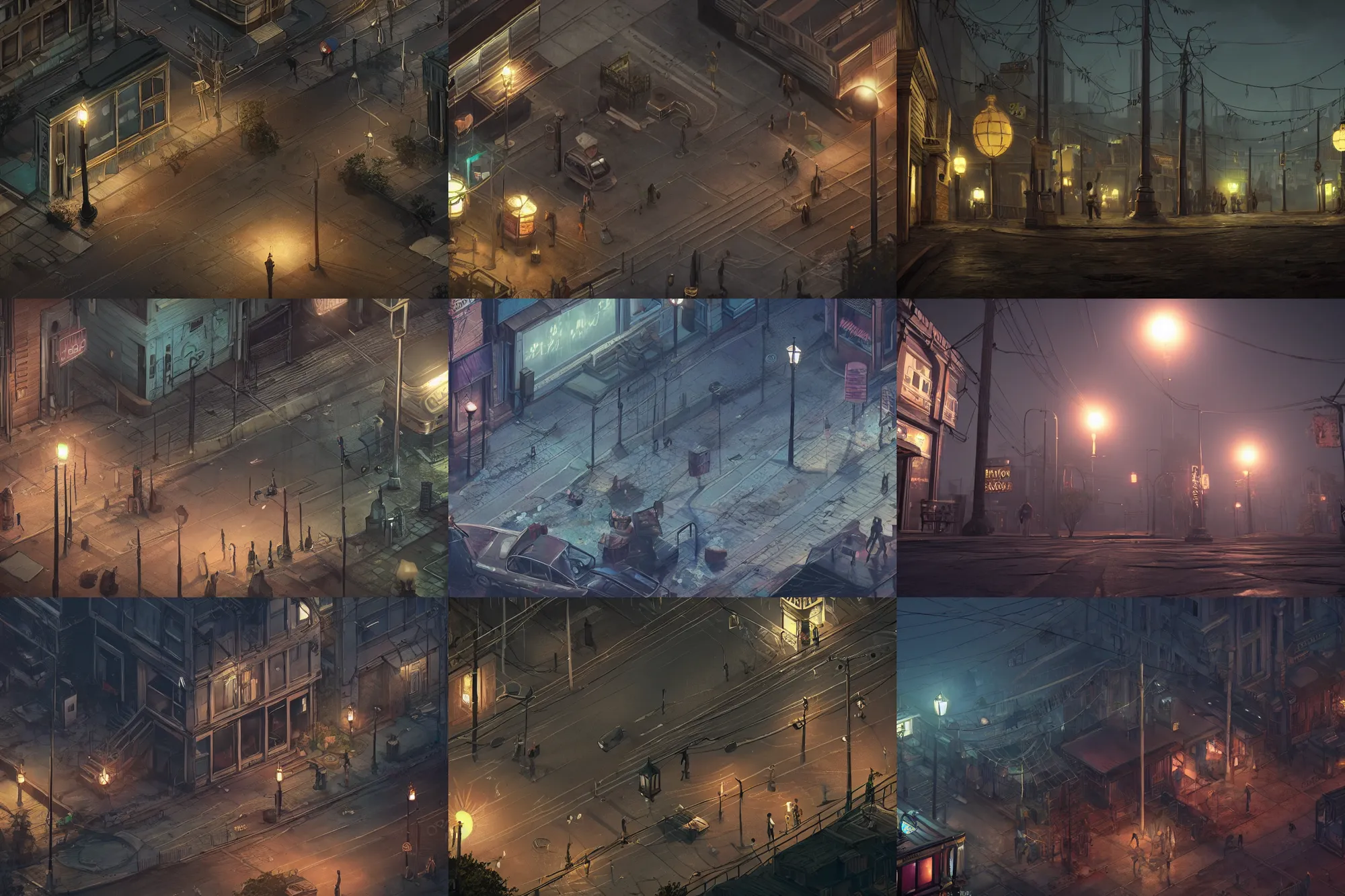 Image similar to style : disco elysium. composition : long shot, waist level ; low angle. key words : digital art ; detailed ; 4 k. scenery : a gothic harbor city with blood on the streets. subject : none ; the streets are empty. details : at night ; lanterns in the streets.