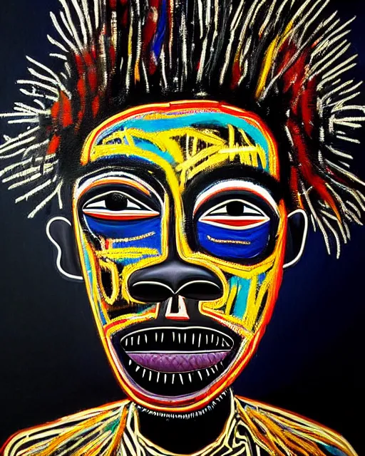 Image similar to A extremely ultra highly detailed majestic hi-res beautiful immaculate head and shoulders award winning painting stunning masterpiece of the face of a ultra highly detailed black African voodoo mask portrait by Jean-Michel Basquiat, 8k, high textures, ultra hyper sharp, insanely detailed and intricate, super detailed, 8k HDR ultra high quality, high detail, hyperrealist, photorealistic, octane render, cinematic, high textures, hyper sharp, 4k insanely detailed and intricate, surrealism, surrealist, real life, lifelike, 8k, hyper realistic, super detailed, realistic, 4k HDR hyper realistic high