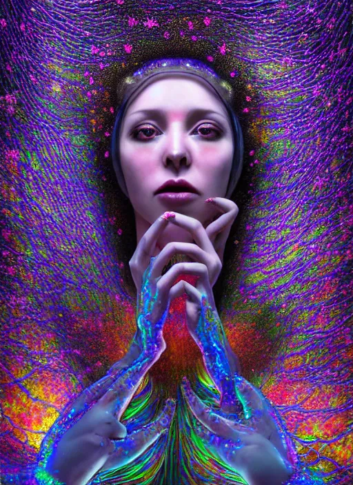 Image similar to hyper detailed 3d render like a Oil painting - Aurora (evocative cyberpunk and oil rainbow faced Singer) seen Eating of the Strangling network of sappy glistening milky Fruit and Her delicate Hands hold of gossamer polyp blossoms bring iridescent fungal flowers whose spores black out the foolish stars by Jacek Yerka, Mariusz Lewandowski, Houdini algorithmic generative render, Abstract brush strokes, Masterpiece, Edward Hopper and James Gilleard, Zdzislaw Beksinski, Mark Ryden, Wolfgang Lettl, hints of Yayoi Kasuma, octane render, 8k