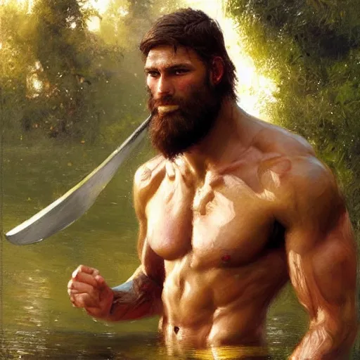 Image similar to young warrior by a river, playful, male, muscular, green eyes!!!!, straight nose!!!!!, beard, detailed face, thighs!!!!! gorgeous, amazing, muscular, intricate, highly detailed, painting by Gaston Bussiere, Craig Mullins