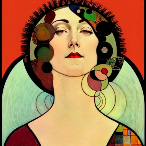 Image similar to Art in the style of Coles Phillips, Gaia, Full figured Mother Earth, portrait, Mucha, Kandinsky, risoprint