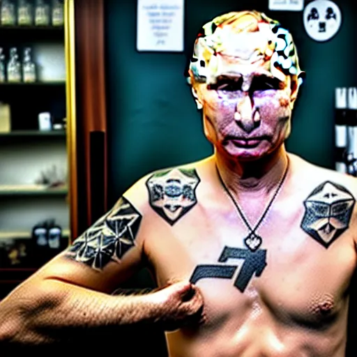 Prompt: putin at a tattoo shop. had a single tattoo of the letter z on his chest. canon eos r 3, f / 1. 4, iso 2 0 0, 1 / 1 6 0 s, 8 k, raw.