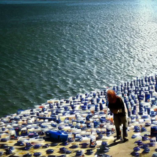 Image similar to hobo on sea with million bottles