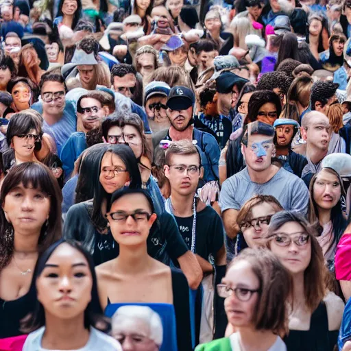 Prompt: zoomed out view of a crowd standing in line that goes on forever, modelsociety, radiant skin, huge anime eyes, rtx on, perfect face, directed gaze, sony a 7 r iv, symmetric balance, polarizing filter, photolab, lightroom, 4 k, dolby vision, photography award