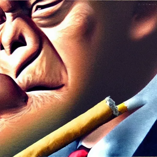 Image similar to a high detail photo of donald trump smoking a cigarrette, subject= chimp, subject detail: extremly detailed, subject action: smoking a cigar, photorealism, dramatic lighting, award winning photograph, trending on artstation