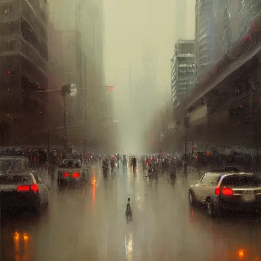 Image similar to dallas skyline, street scene, light rain and gentle fog, people crowding, painting by jeremy mann