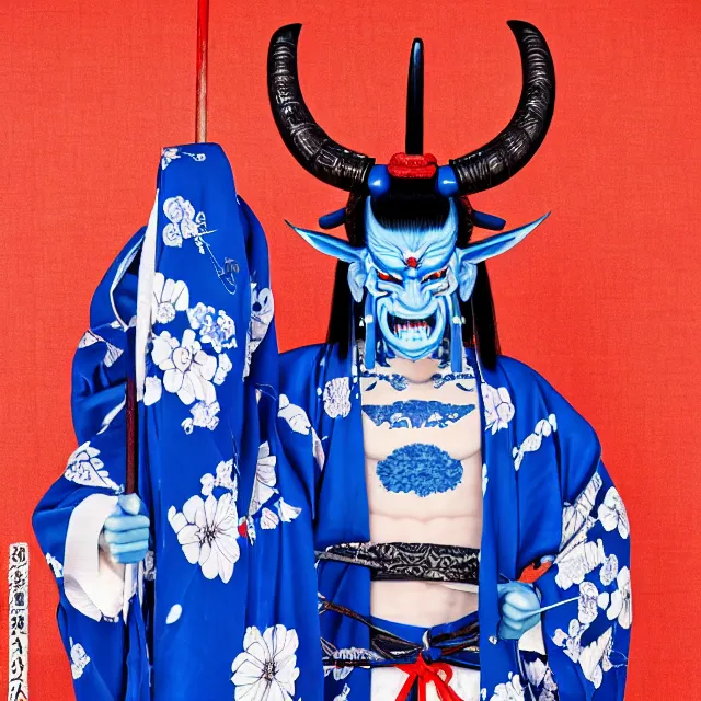 Image similar to a standing portrait of a male blue blue oni demon 鬼 👹 horns horns horns blue blue blue skin dressed as samurai 羽 織 haori kimono official portrait highly detailed, 4 k, hdr, smooth, sharp focus, high resolution, award - winning, illustrated by anne stokes, from sengoku period blue