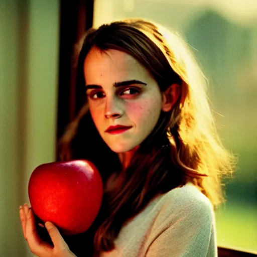 Image similar to Photograph of Emma Watson holding a red apple by the window. Golden hour, dramatic lighting. Medium shot. CineStill