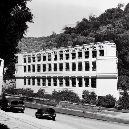 Prompt: the Beatles building viewed from the Mulholland road drive