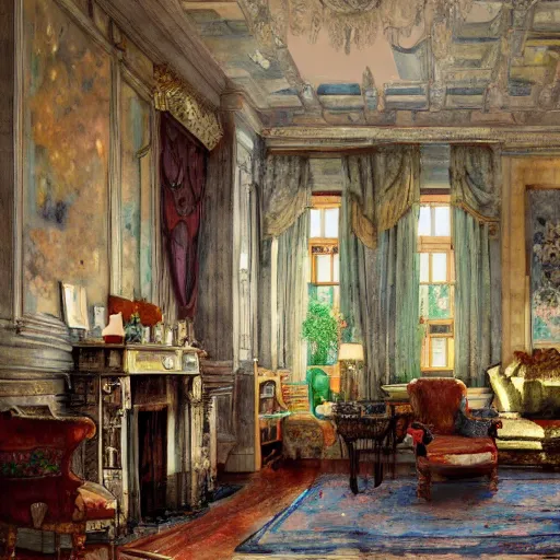 Image similar to a beautiful intricate watercolor illustration of a victorian livingroom 4 k, ultra - wide angle, by william turner, by gustav klimt, hd, trending on artstation, hyper detailed, muted intense colors