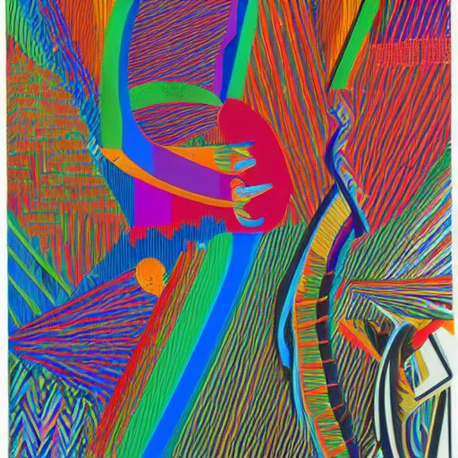 Prompt: people and animals made out of colorful generative synthwave art, neon, contemporary, integral painting, by Frank Stella, by William Weege, by Eduardo Paolozzi