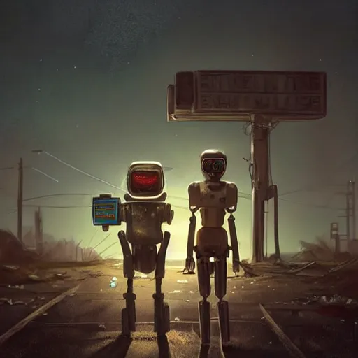 Image similar to Beautiful cinematic scene of two damaged humanoid robots standing near an abandoned gas station, post apocalyptic, at night, peaceful, science fiction, award-winning, cinematic lighting, insanely detailed, very realistic, Artstation, Cgsociety, by Simon Stalenhag, directed by Denis Villeneuve, filmic