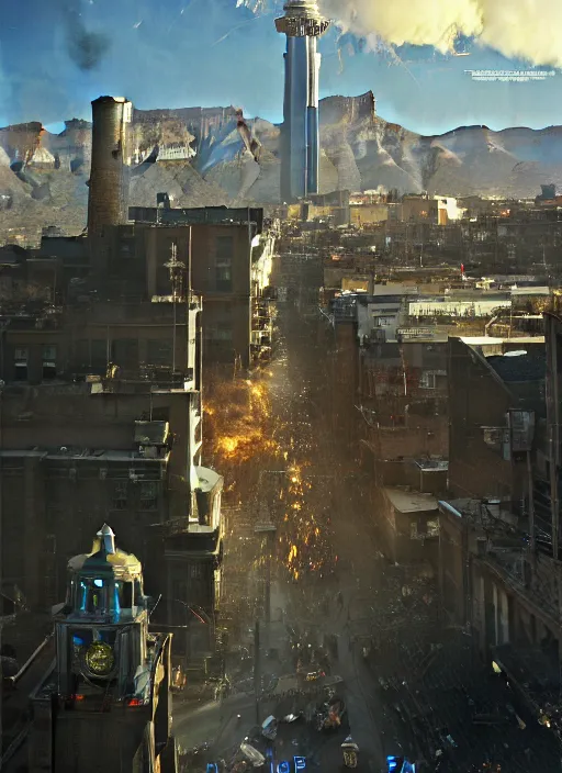 Image similar to hyper realistic robot attacking cape town city,. poster painted by light and magic by wizards of the coast norman rockwell, james gurney and greg rutkowski weta studio, and lucasfilm and best of artstation