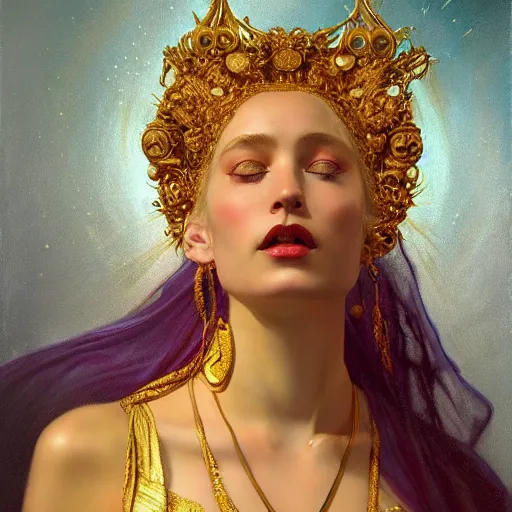 Image similar to highly detailed oil painting | very intricate | cinematic lighting | award - winning | the goddess babalon wearing a gold and blue dress | by roberto ferri, by tom bagshaw, by j. c. leyendecker and klimt, beautiful cinematic light, american romanticism, by austin osman spare, artstation, cgsociety, official art, octane