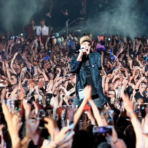 Prompt: justin bieber performing for a crowd of justin biebers