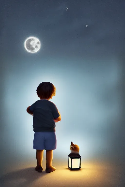 Image similar to a little boy carrying and his cat sit together at night, lantern light besides, photorealistic face and skin tones, dreamy moonlit nightscape by the garden, lake house, smooth, matte colors, trending on artstation, 4 k, 8 k