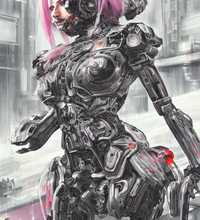 Prompt: highly detailed illustration of a cyberpunk girl with neon eyes and white hair , wearing future mecha, heroically battle posing, muscular, intricate, elegant, highly detailed, centered, digital painting, artstation, concept art, sharp focus, concept art, by Katsuya Terada