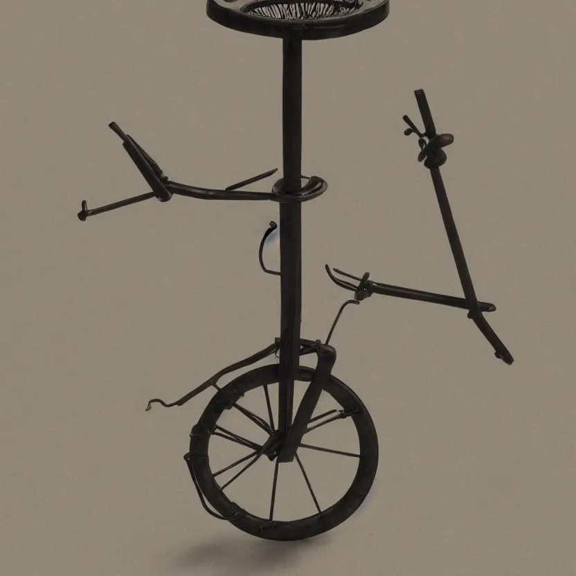 Prompt: a single readymade object on a pedestal named roue de bicyclette, tabouret, banal but mysterious, by Marcel Duchamp, studio packshot, 4k, hyperdetailed