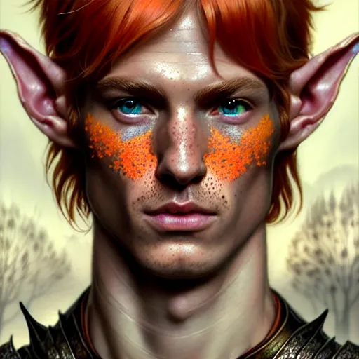 Image similar to portrait painting of an elven young man with short light orange hair and freckles and tree tattoos on his cheekbones light armor, ultra realistic, concept art, intricate details, eerie, highly detailed, photorealistic, octane render, 8 k, unreal engine. art by artgerm and greg rutkowski and charlie bowater and magali villeneuve and alphonse mucha