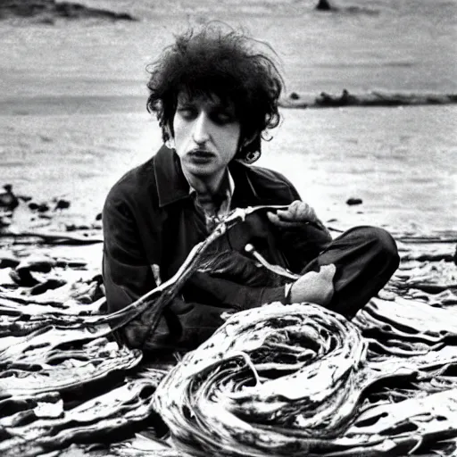 Image similar to bob dylan cradling kelp like a baby, photograph, 1 9 6 5