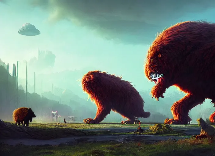 Image similar to giant monstrous aggressive furred creature lurking over a cowering smaller creature, in the foreground a small town, epic science fiction horror digital matte painting by Simon Stalenhag and Mark Brooks (and Greg Rutkowski), extremely detailed, artstation