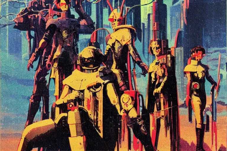 Image similar to 1 9 7 9 omni magazine cover of medieval fantasy community in japan. cyberpunk style by vincent di fate