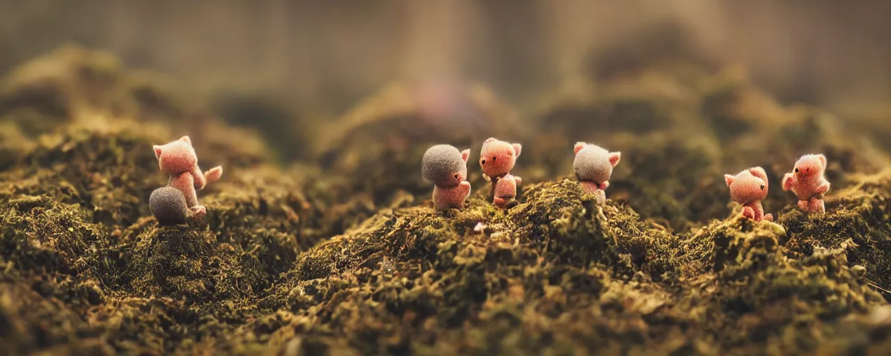 Prompt: tiny cute forest creatures seeking shelter by bobby chiu, at sunset, macro photography, goro fujita, cute, adorable, cinematic