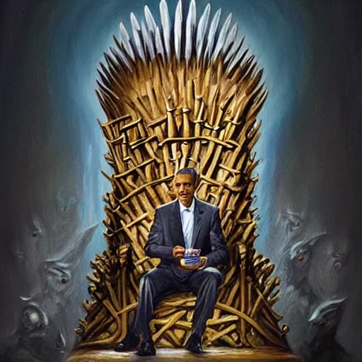 Image similar to intricate oil painting of barrack obama eating a cheese burger sitting on the iron throne, surrounded by his dragons, concept art, intricate, highly detailed, omnious atmosphere, trending on artstation