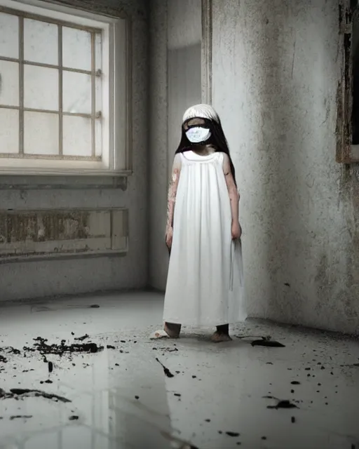 Image similar to an amazing award winning photo of a creepy little girl wearing a dirty white dress with long wet black hair covering her face standing in a filthy room in an abandoned old asylum, photo by mario testino, 8k octane render, cinematic, hyper detailed, micro details, insanely detailed, trending on artstation, concept art