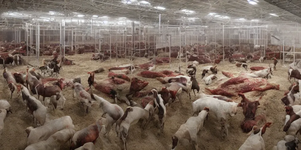 Prompt: inside a human slaughterhouse where the workers are farm animals, hyper detailed, photorealistic