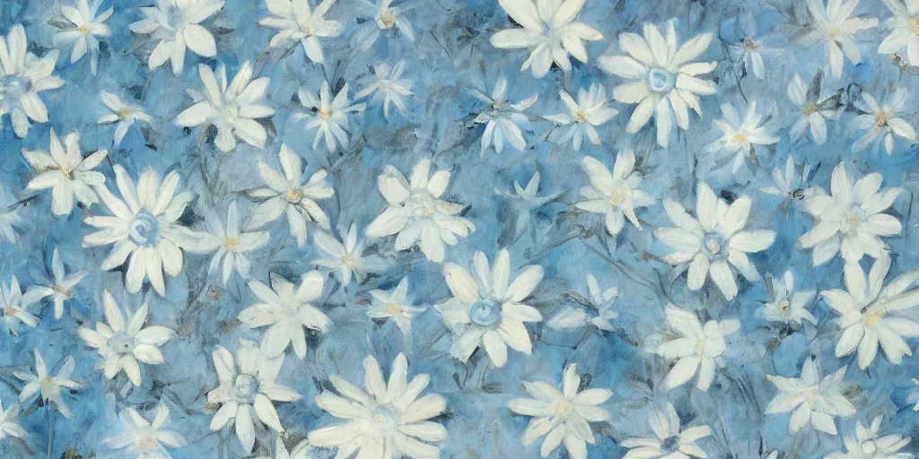 Image similar to light blue flowers at the bottom of the painting, white background, matte painting