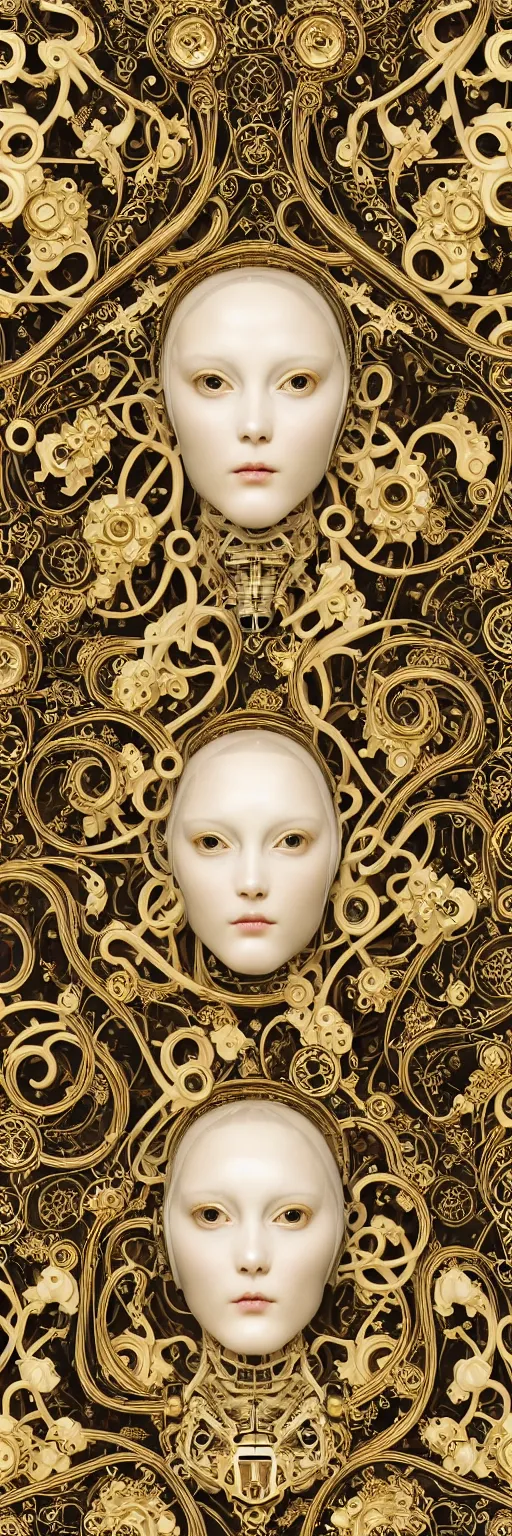 Image similar to seamless pattern of beautiful cybernetic baroque robot, beautiful baroque porcelain face + body is clear plastic, inside organic robotic tubes and parts, damask patern, front facing, wearing translucent baroque rain jacket, carved gold panel + symmetrical composition + intricate details, hyperrealism, wet, reflections + by alfonse mucha, no blur