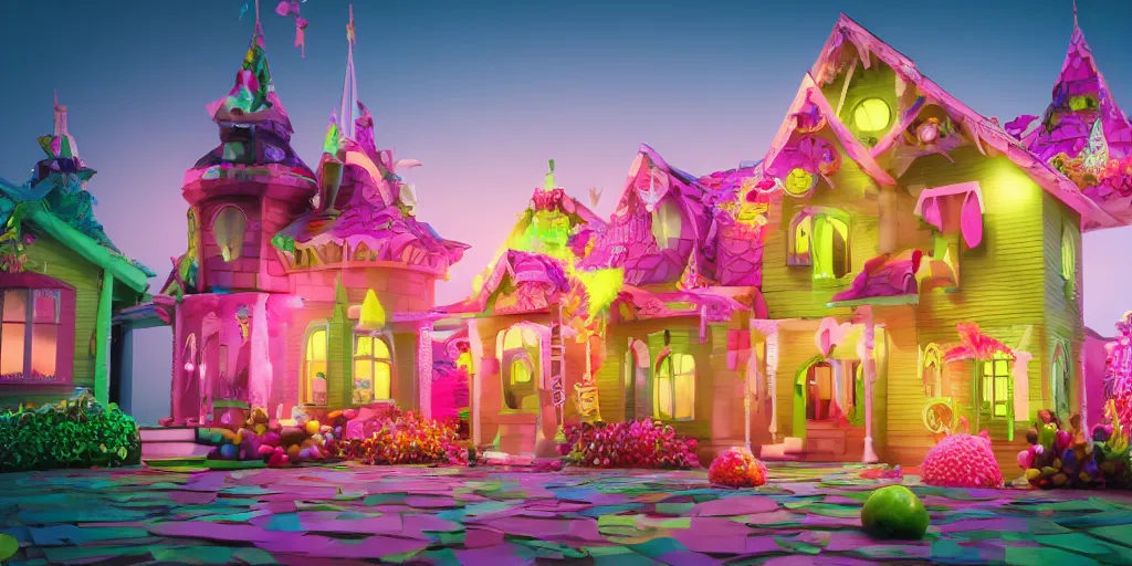 Prompt: an evil beautiful witch made of candy, in a candy land style house, bright, vibrant, everything is made of candy, cinematic, award winning, octane render