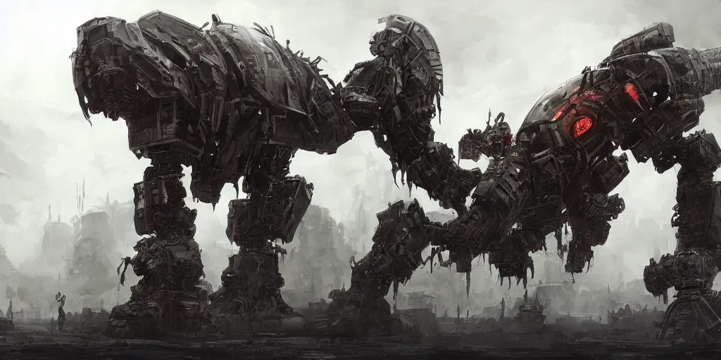Prompt: massive dilapidated dark fantasy robot, on its knees, sci fi concept art, highly detailed