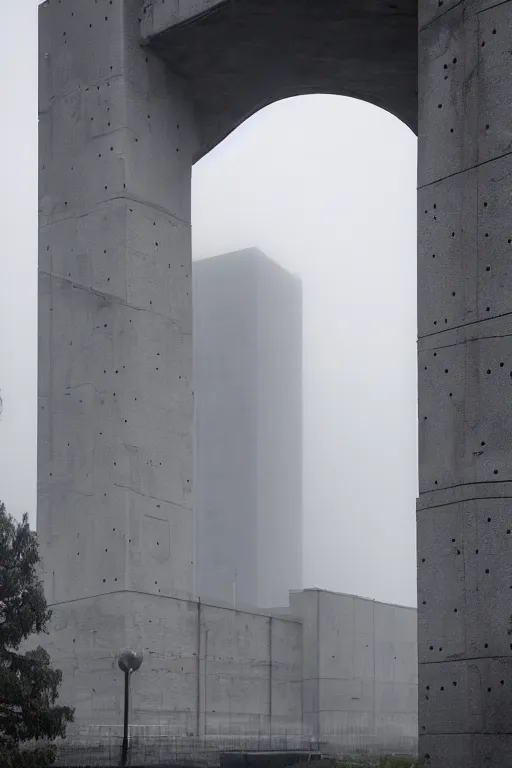 Prompt: a photograph of the russian secret service headquarters, on a misty morning. Brutalist architecture, concrete and steel. Highly detailed. Wide angle photography.