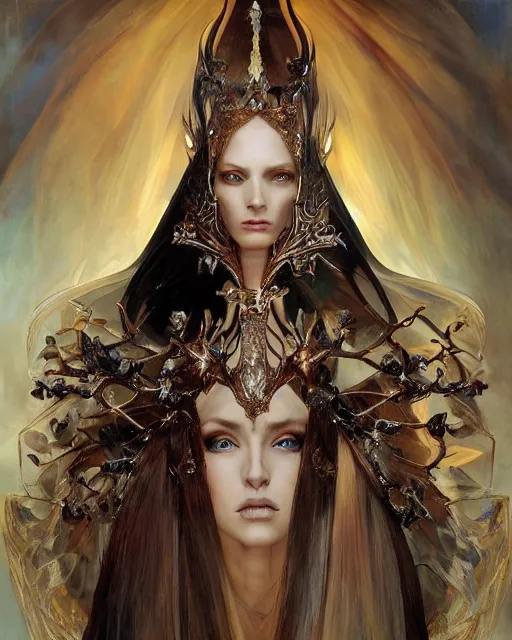 Image similar to Frightening and beautiful High elf queen wearing high fashion from Alexander McQueen and Iris Van Herpen, hyperrealistic masterpiece painted by Jaime Jones, Craig Mullins, Artgerm and Alphonse Mucha