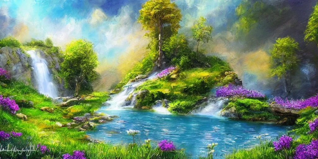 Image similar to a fantasy meadow landscape with waterfall, lake, river, and patches of blue flower, digital art, painterly, oil painting, matte