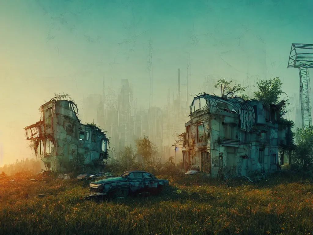 Prompt: beautiful house made from junkyard scrap parts, in an overgrown field, architectural render, futuresynth, chillwave, scrapyard architecture, blender, sunrise, (((mist))), ruined city in the background, trending on artstation, by gal barkin