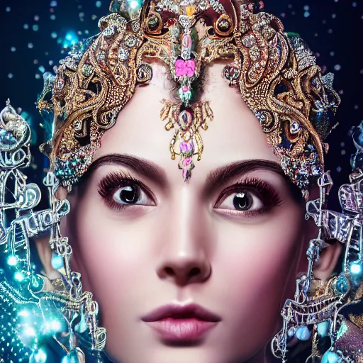 Image similar to portrait of pretty princess with perfect skin, glowing, ornate and intricate diamond jewelry, jaw dropping beauty, ornate and intricate backdrop, white accent lighting, hyper detailed, 4 k octane render