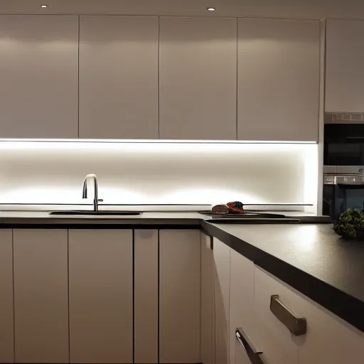 Prompt: under cabinet led strip lighting in a kitchen, close up, realistic, better homes and gardens, 4k, award winning,