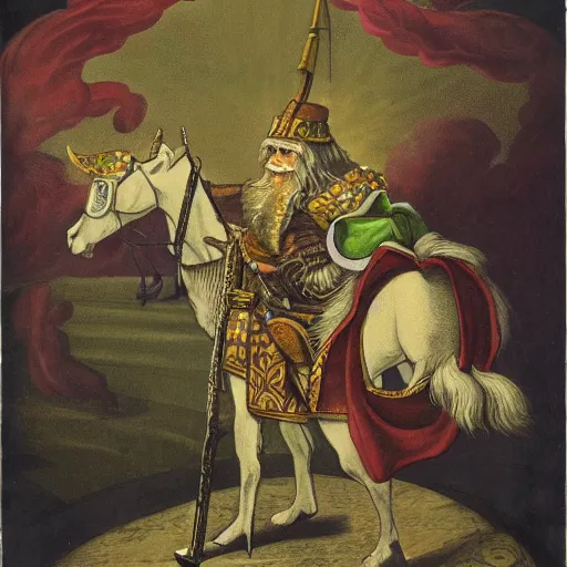 Image similar to a photo of an old man in a regal set of armor depicting a marijuana leaf on the chest. He is holding a mystic battle axe and he’s outside surrounded by horses