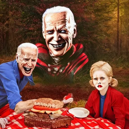 Image similar to freddy krueger, penny - wise and joe biden on a picnic, photo portrait, hyper realism, creepy, symmetry, awesome exposition, very detailed, highly accurate, professional lighting diffracted lightrays, 8 k, sense of awe