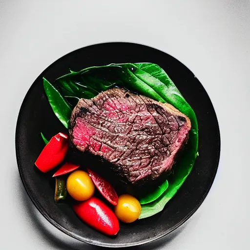 Prompt: a steak in a bowl of water, food photography gourmet, trendy food, macro photography high contrast