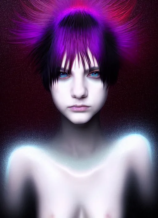 Image similar to hair whitebangs hair, black cyberlox, portrait of teenage girl with white bangs, whitebangsblackhair, messy bangs, cyberlox, whitebangs, red irises, purple clothes, intricate, elegant, glowing lights, highly detailed, digital painting, artstation, concept art, sharp focus, illustration, art by wlop, mars ravelo and greg rutkowski