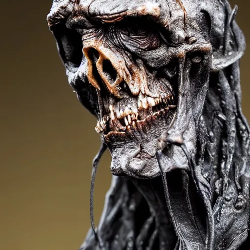 Image similar to photo taken of an epic intricate, ultra detailed, super realistic gritty, wet, slimy, lifelike sculpture of a nightmarish hellish humanoid grim reaper creature created by weta workshop, menacing, some zoomed in shots, photorealistic, sharp focus, extremely cold blueish colour temperature, f 0. 4, full body shot