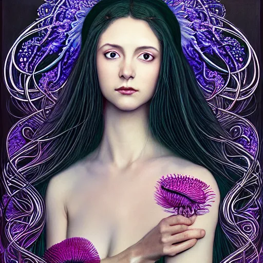 Image similar to portrait of a young female wizard in flowing sensual dress, arrogant, long fine flowing hair, delicate, looking at camera, slight nerdy awkward smile, realistic face, stylish, elegant, grimdark fantasy, flowers, mysterious, extremely detailed painting inspired by Gerald Brom and Ernst Haeckel and Victor Nizovtsev, studio lighting